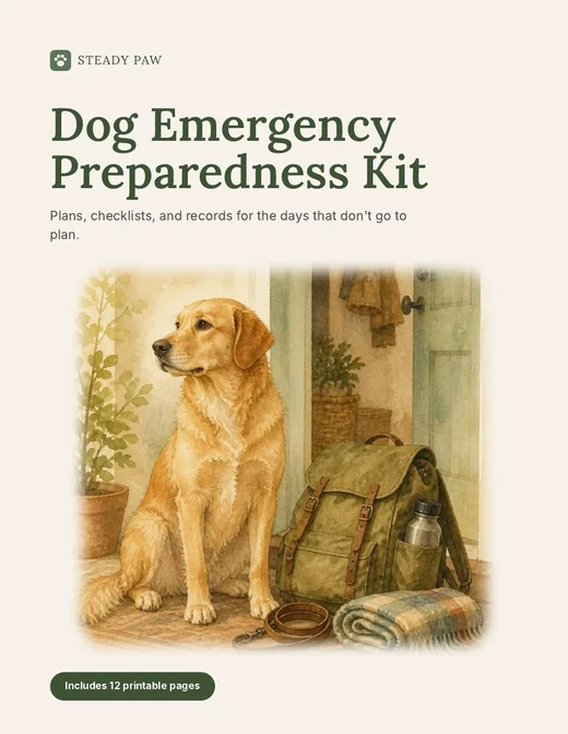 Cover of the Dog Emergency Preparedness Kit, showing a watercolor golden retriever sitting beside a packed backpack