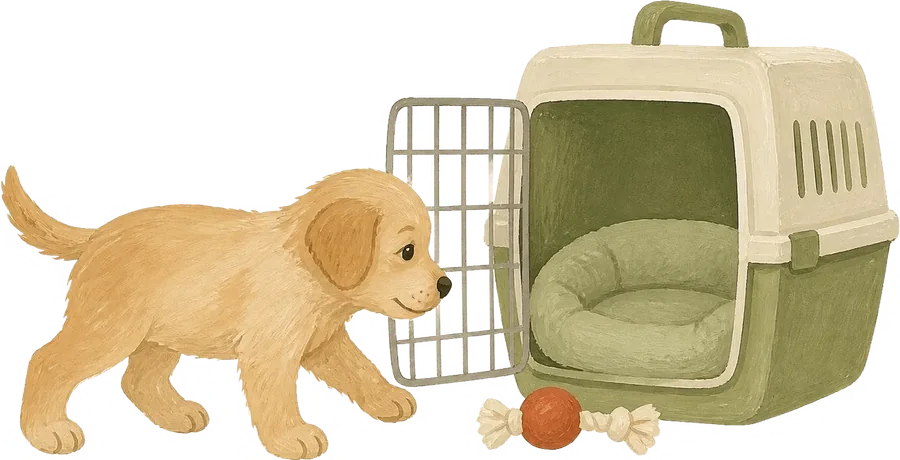 Puppy curiously walking toward an open crate with a soft bed and toys