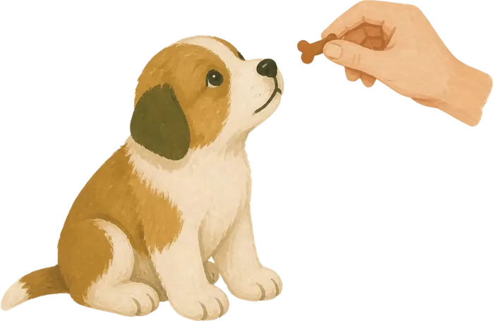 Puppy sitting and looking up at a hand offering a treat