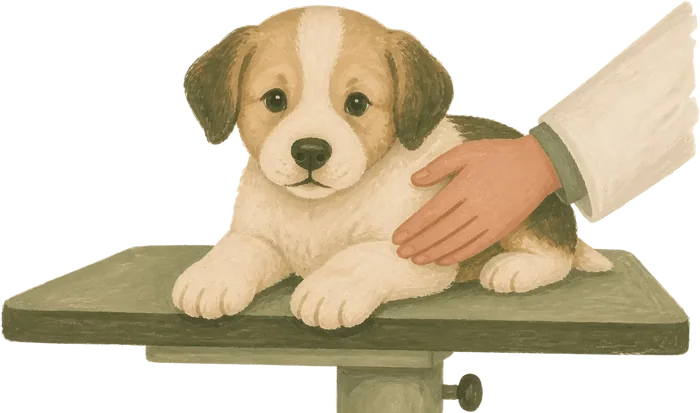 Puppy resting calmly on a vet exam table while being gently examined